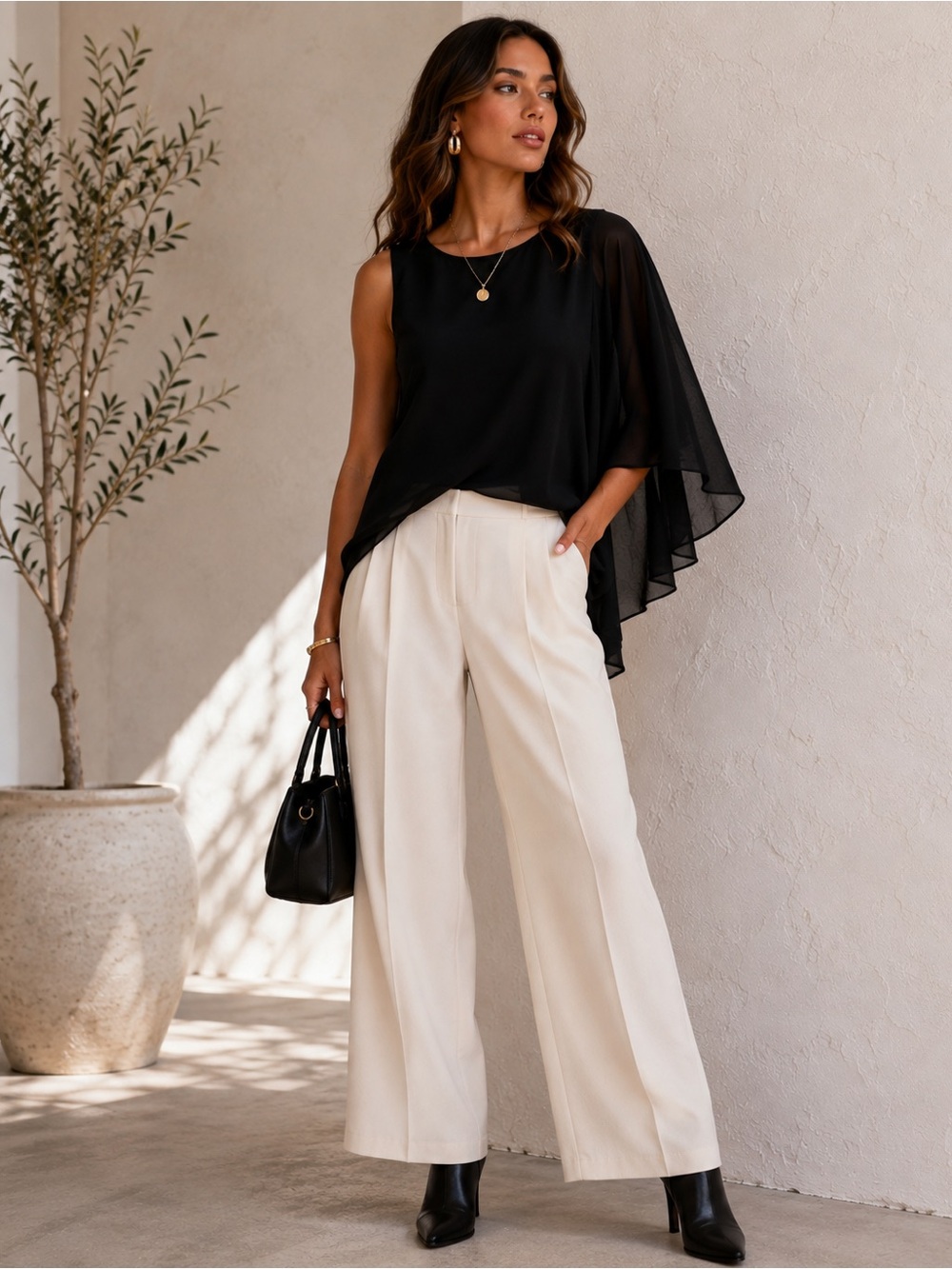 Black Asymmetrical Chiffon Cape Sleeve Blouse S